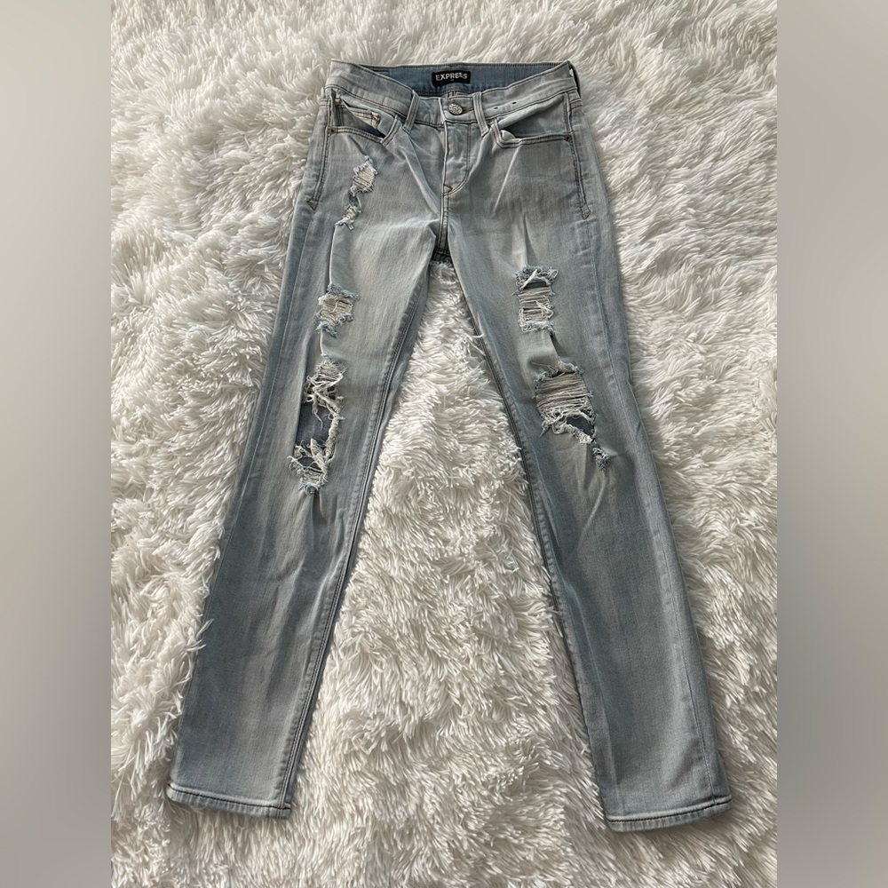 Express Women's Distressed Skinny Jeans in Light Blue